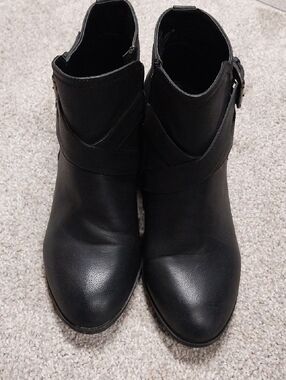 Black Leather-Look Ankle Booties with Wrap Strap